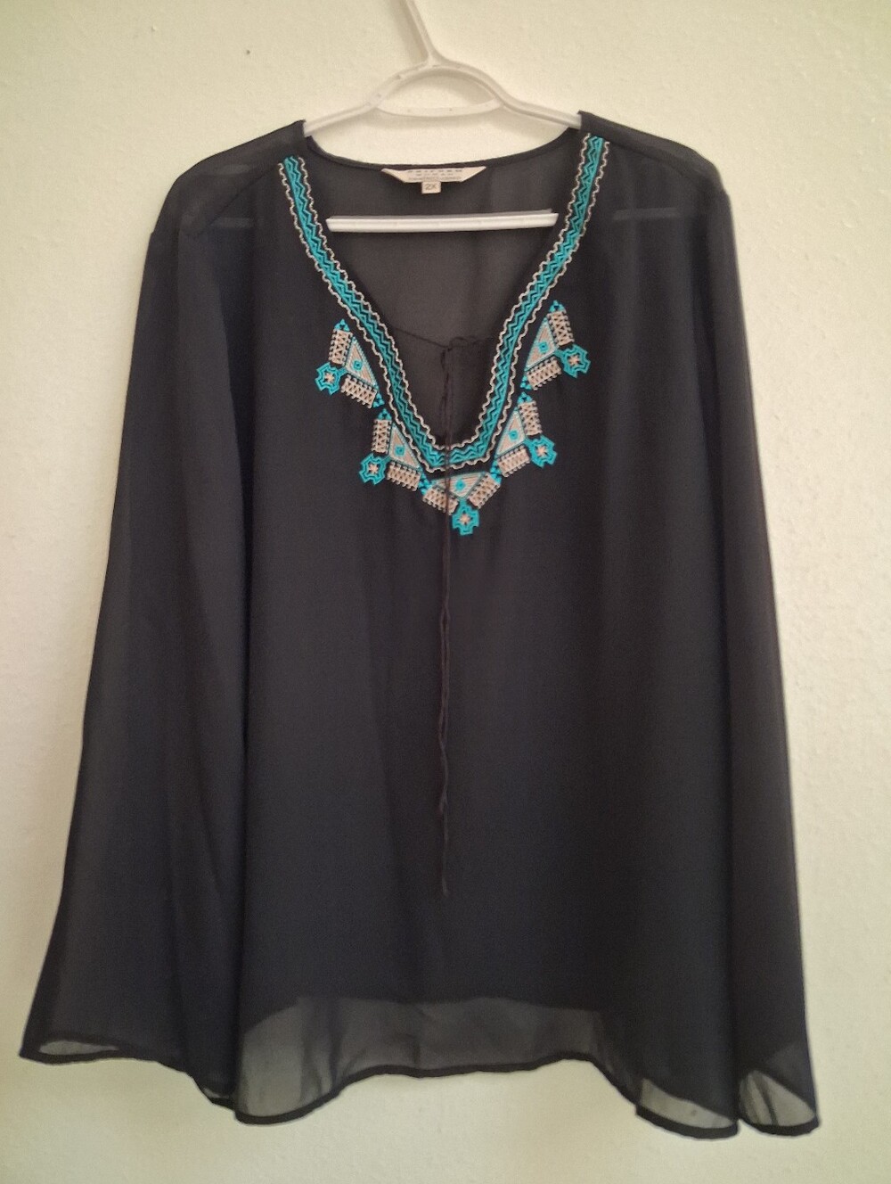 Uniform Woman Black Sheer Boho Tunic Top Turquoise Tribal Embroidered Necklin 2X